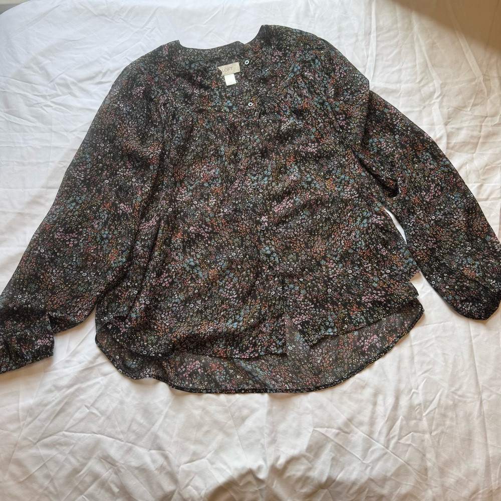Loft black multicolor floral print flowy boho XS blouse top